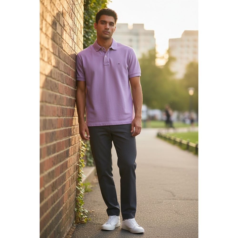 Tommy Hilfiger Mens Custom Fit Polo Shirt Purple Lavender Cotton Pique Medium